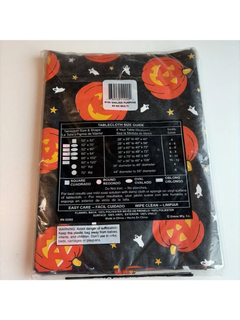 Halloween Flannel Backed Vinyl Tablecloth Pumpkins Jack O Lanterns 60
